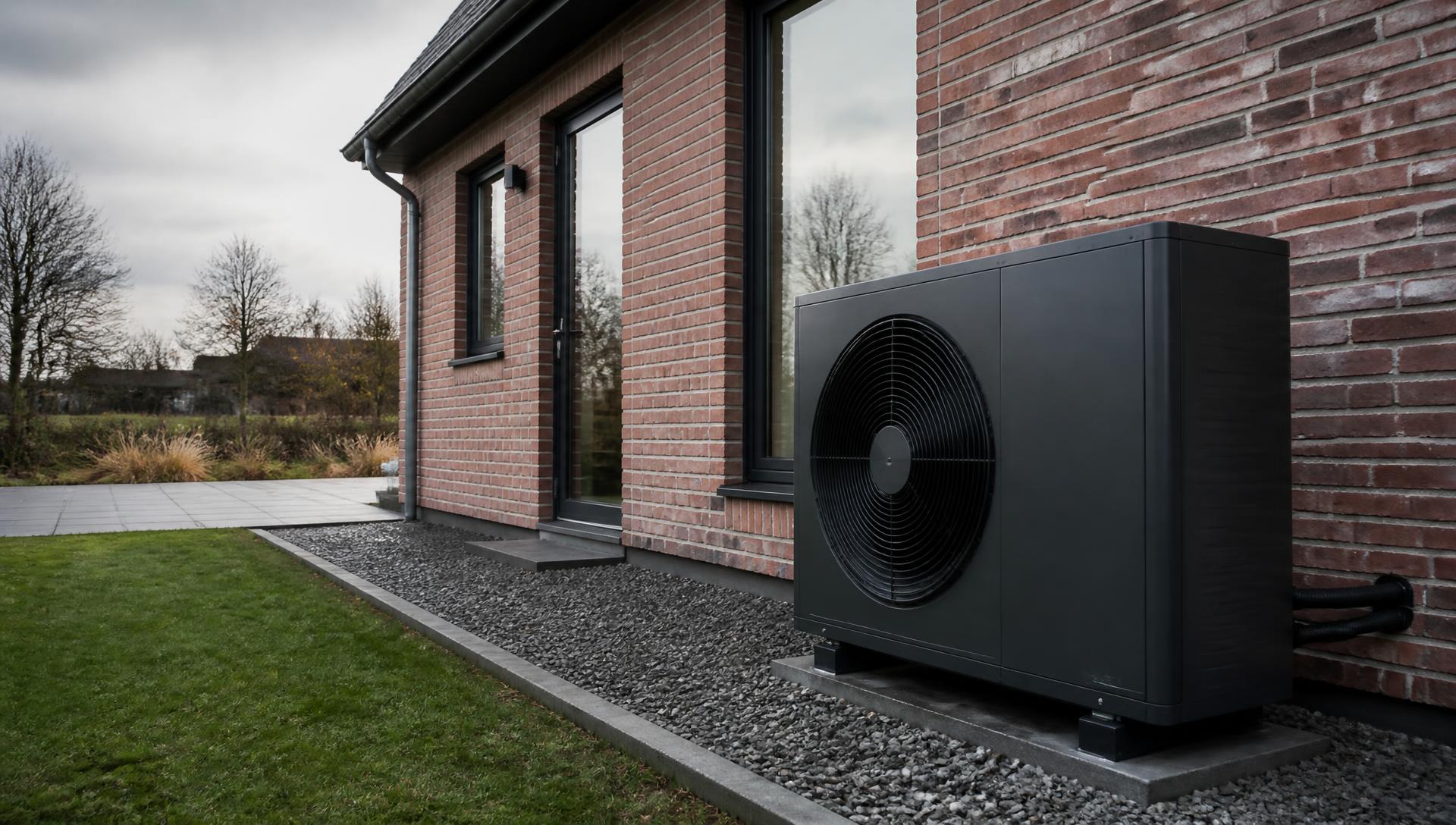 Wärmepumpen-Außeneinheit an einem modernen Wohnhaus in Norddeutschland