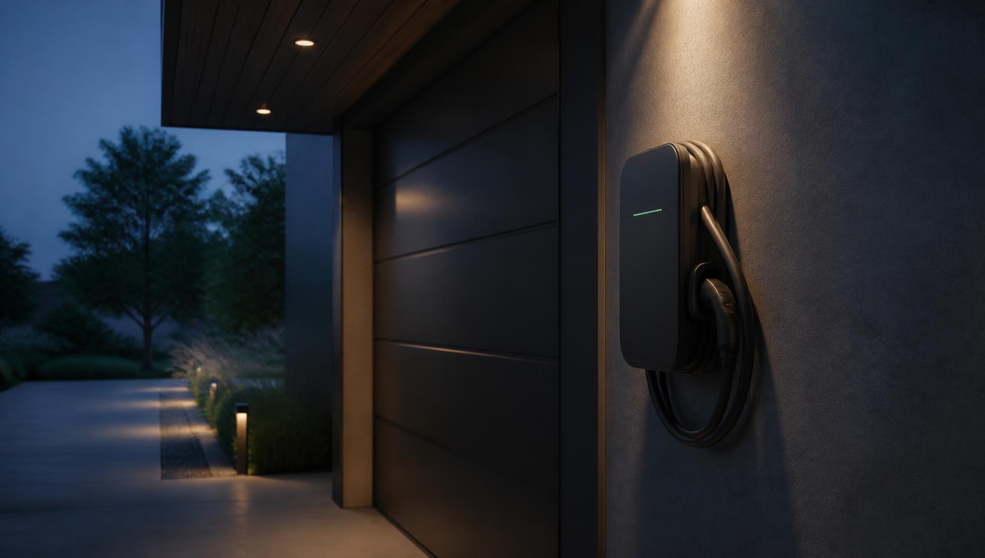 Elektrofahrzeug lädt in der Dämmerung an einer Wallbox eines modernen Eigenheims mit Photovoltaikanlage